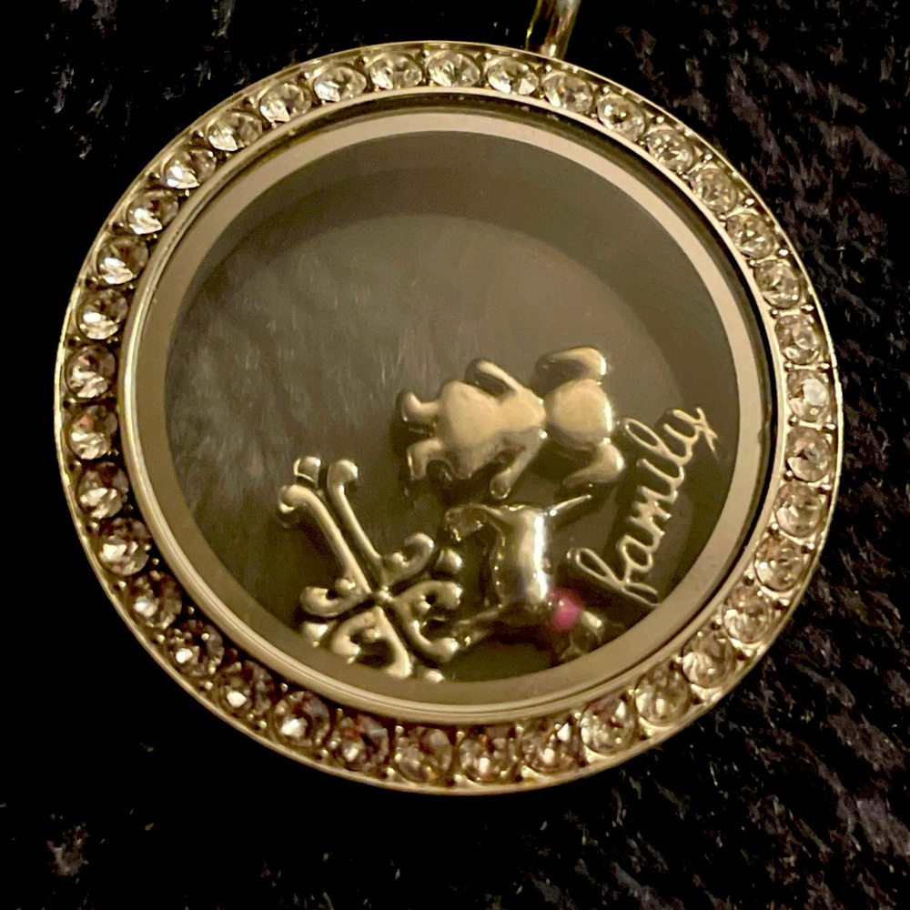 Origami Owl Floating Locket Necklace, girl, doll, family, cross charms